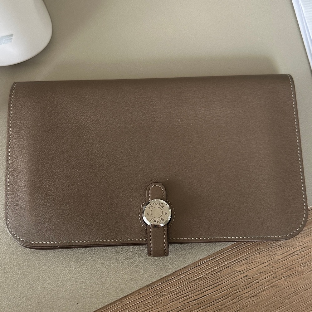 Hermes Taupe Leather Clutch